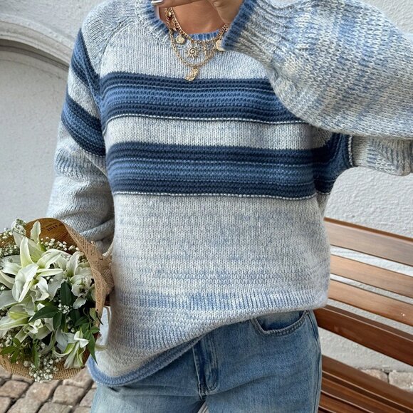 Multicolor Casual Women's Crew Neck Contrast Stripe Loose Pullover Sweater - Picture 4 of 6